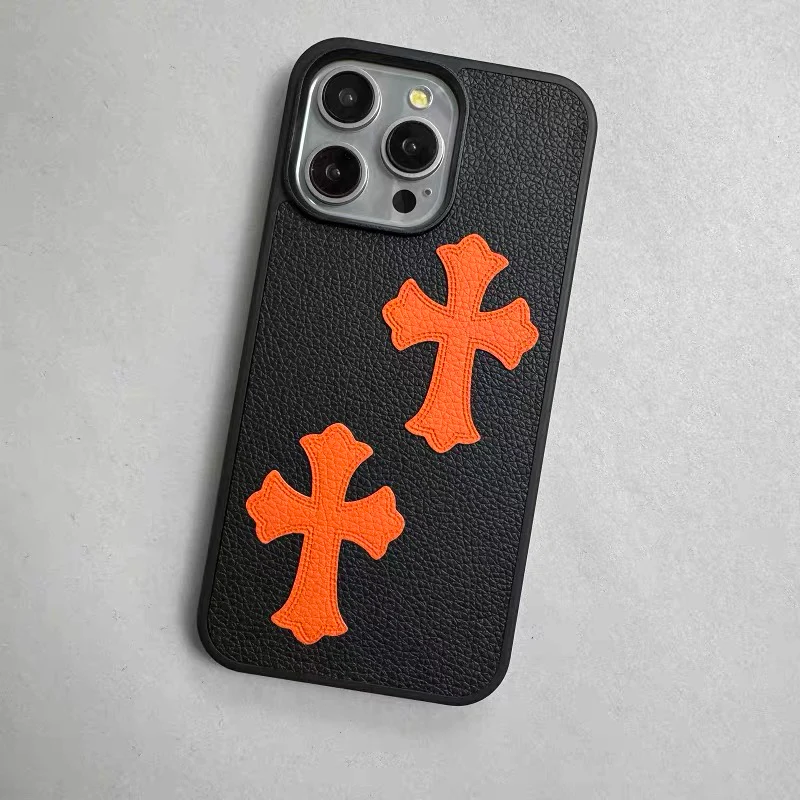Cross Heart Leather Orange/Black iPhone Case - Image 3