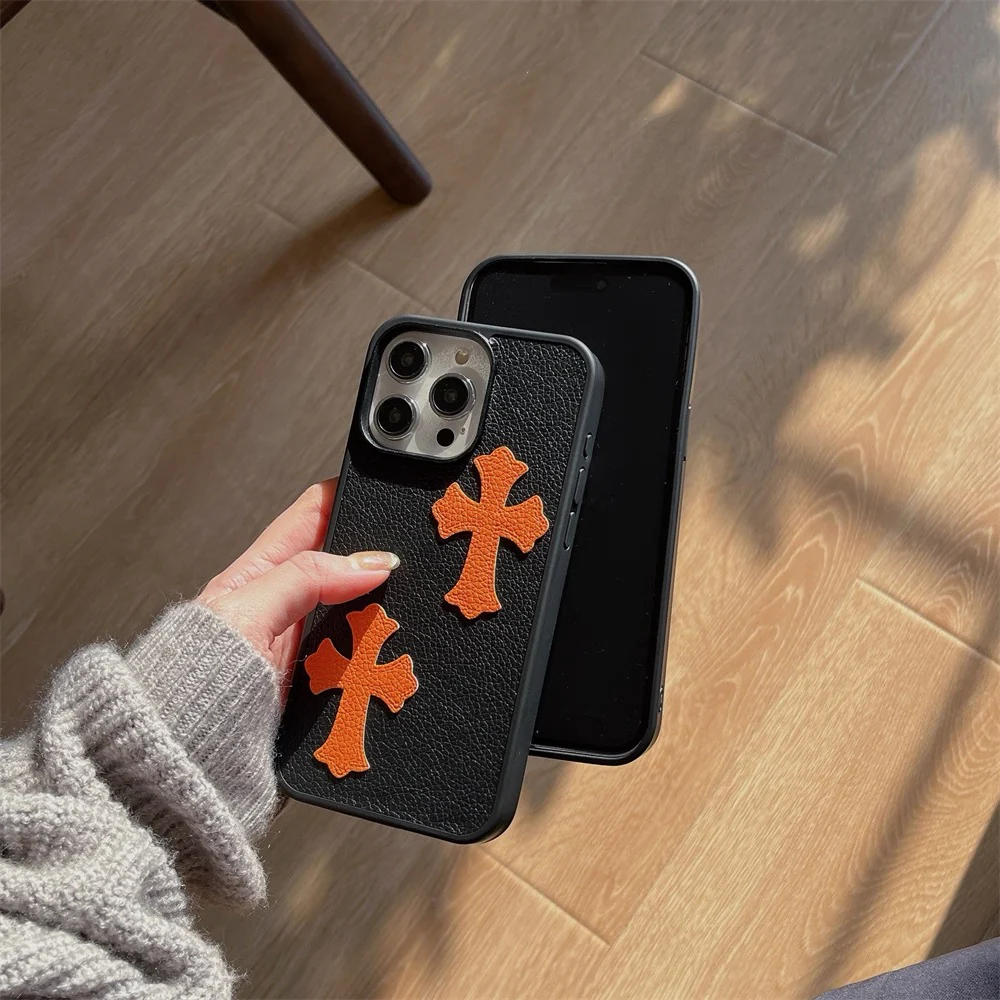 Cross Heart Leather Orange/Black iPhone Case - Image 4